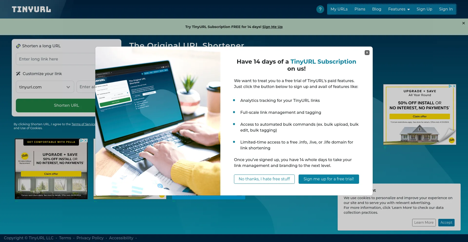 Screenshot of tinyurl.com homepage