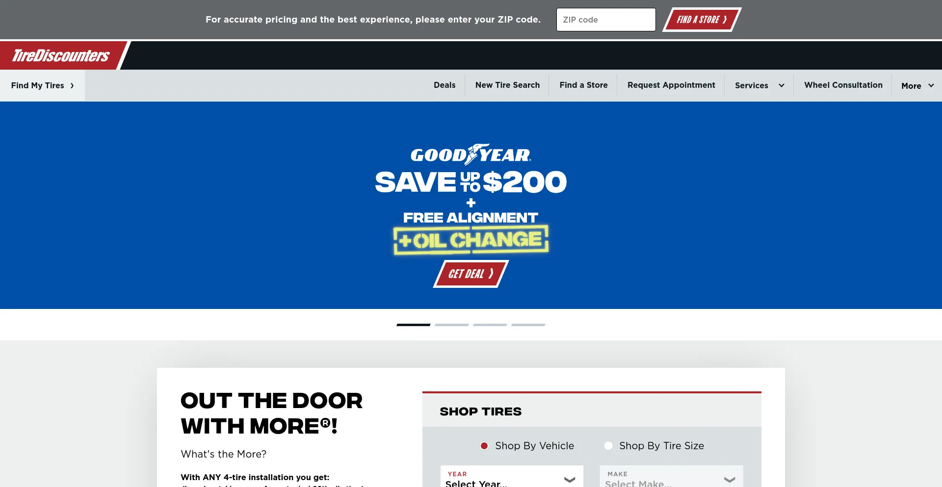 Screenshot of tirediscounters.com homepage