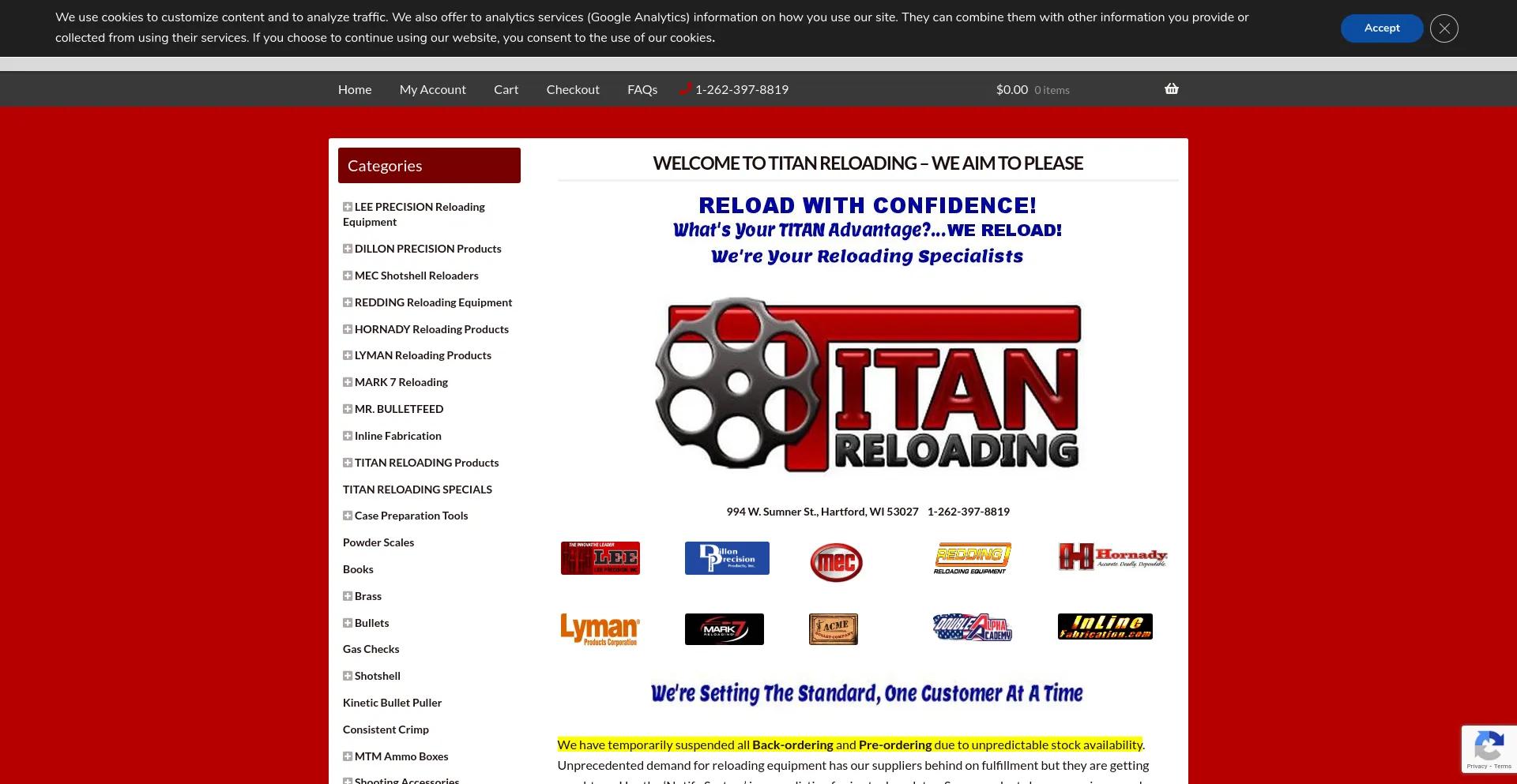 Screenshot of titanreloading.com homepage