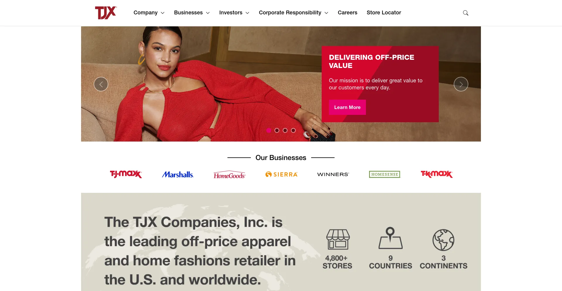 Screenshot of tjx.com homepage