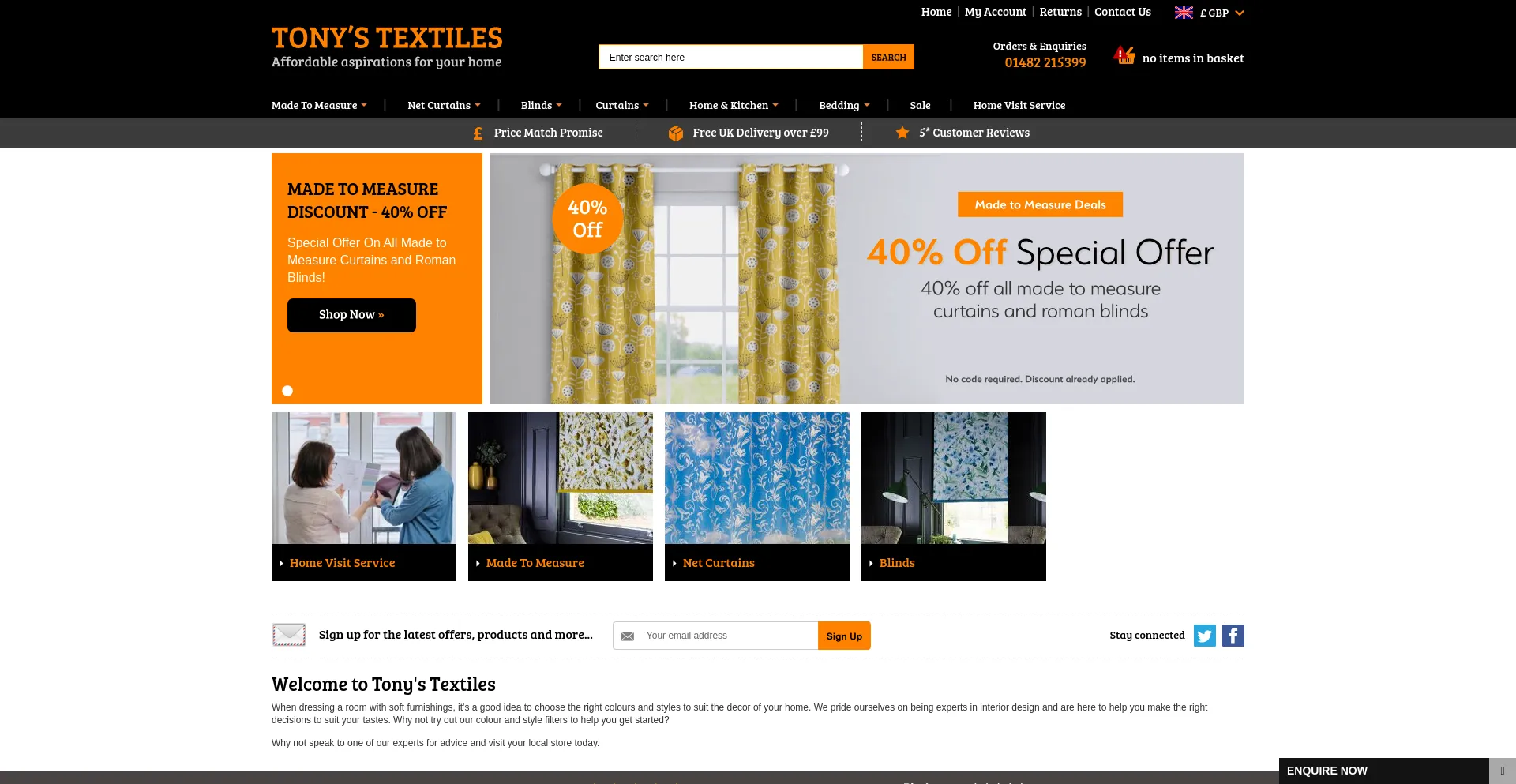 Screenshot of tonystextiles.co.uk homepage