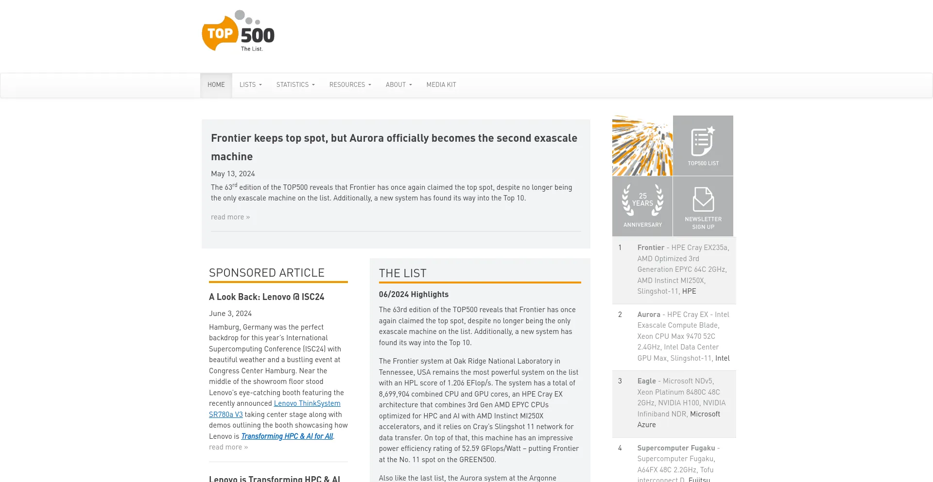 Screenshot of top500.org homepage