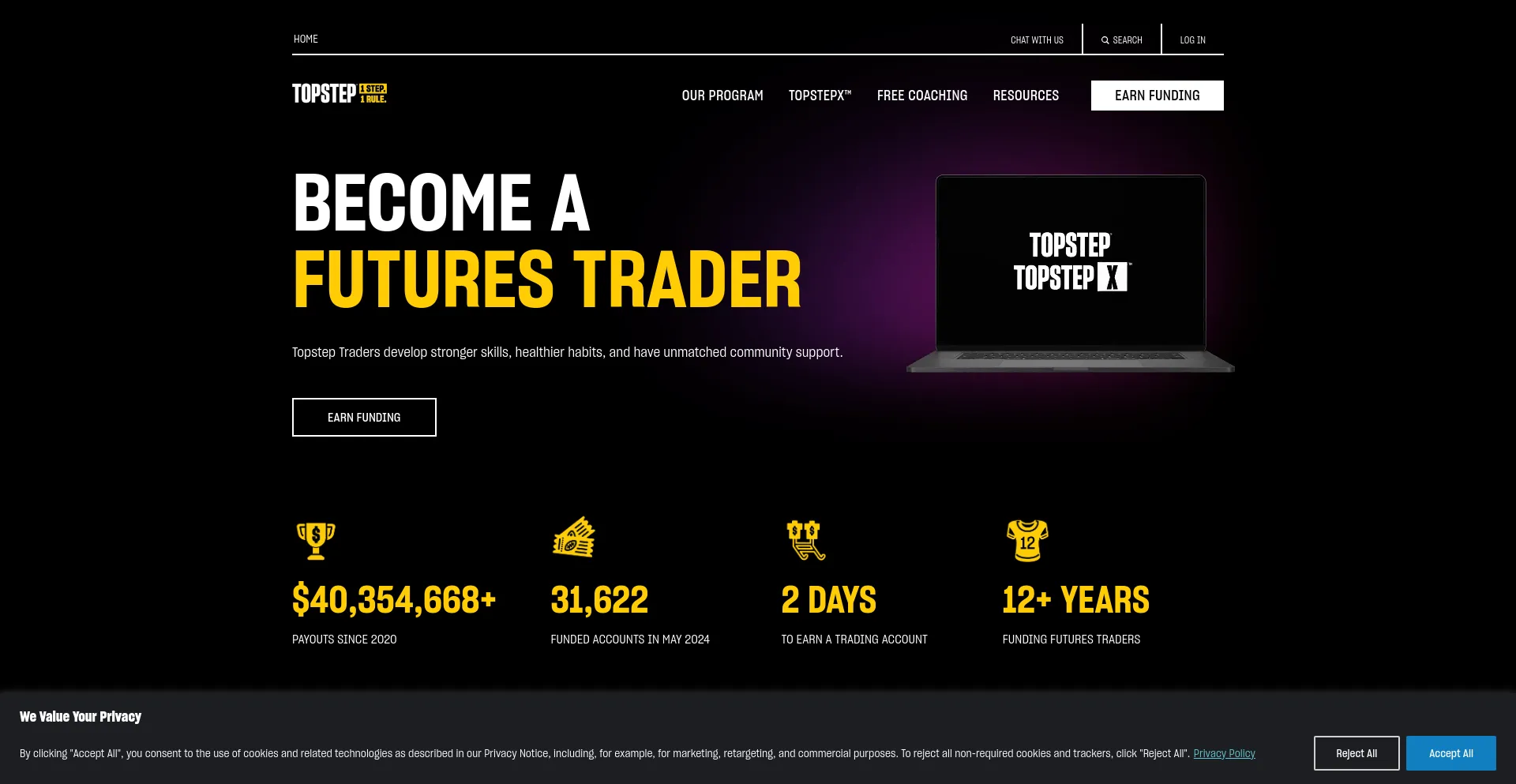 Screenshot of topstep.com homepage