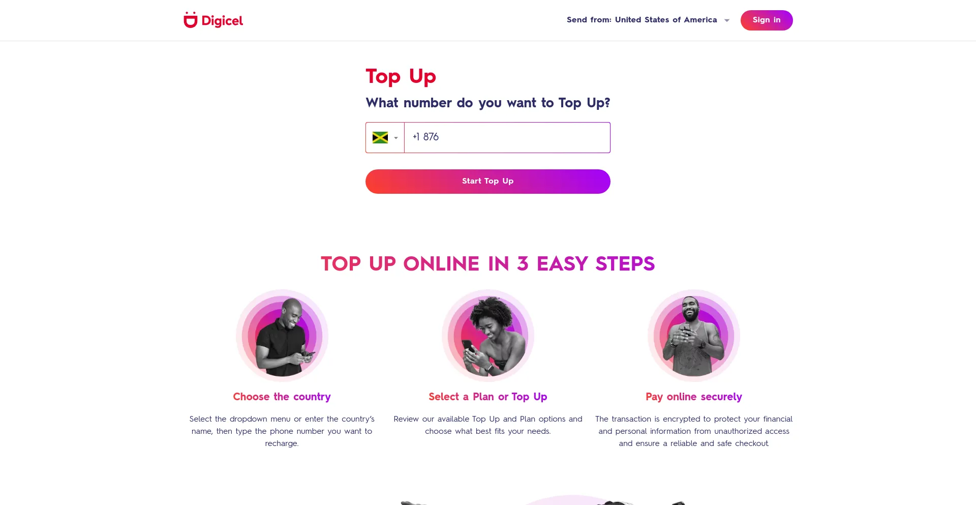 Screenshot of topup.digicelgroup.com homepage