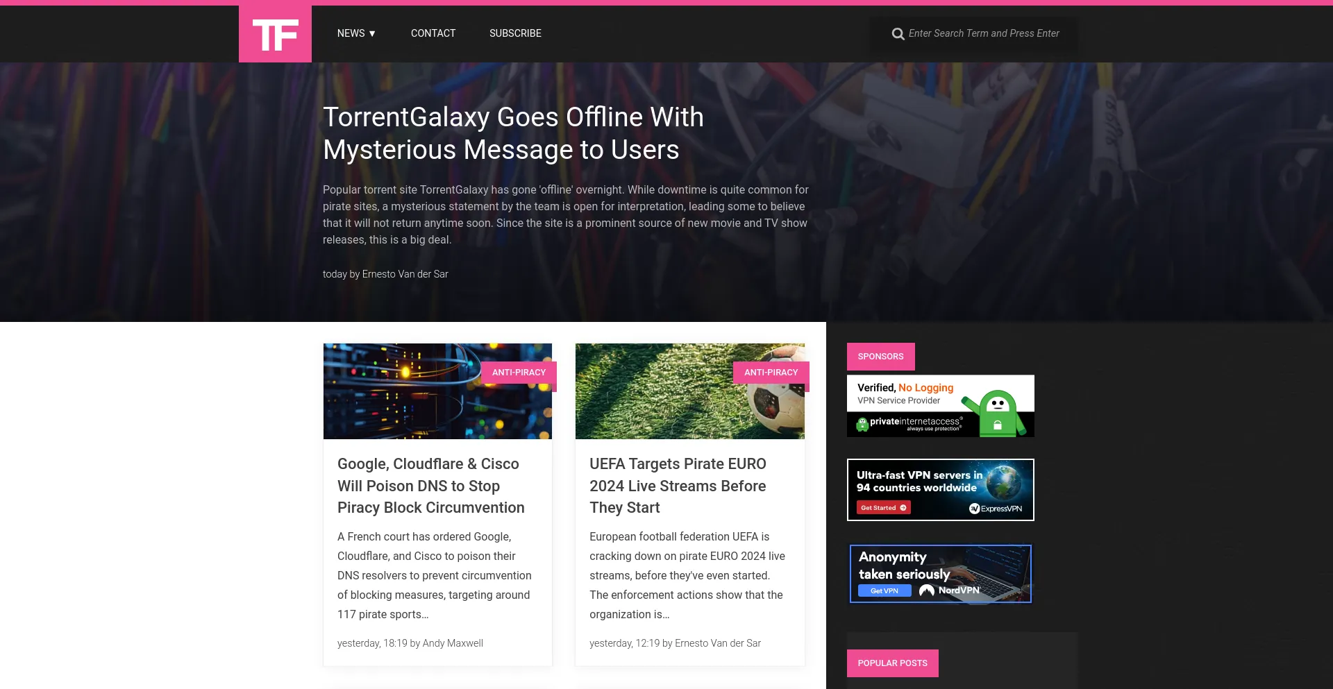 Screenshot of torrentfreak.com homepage