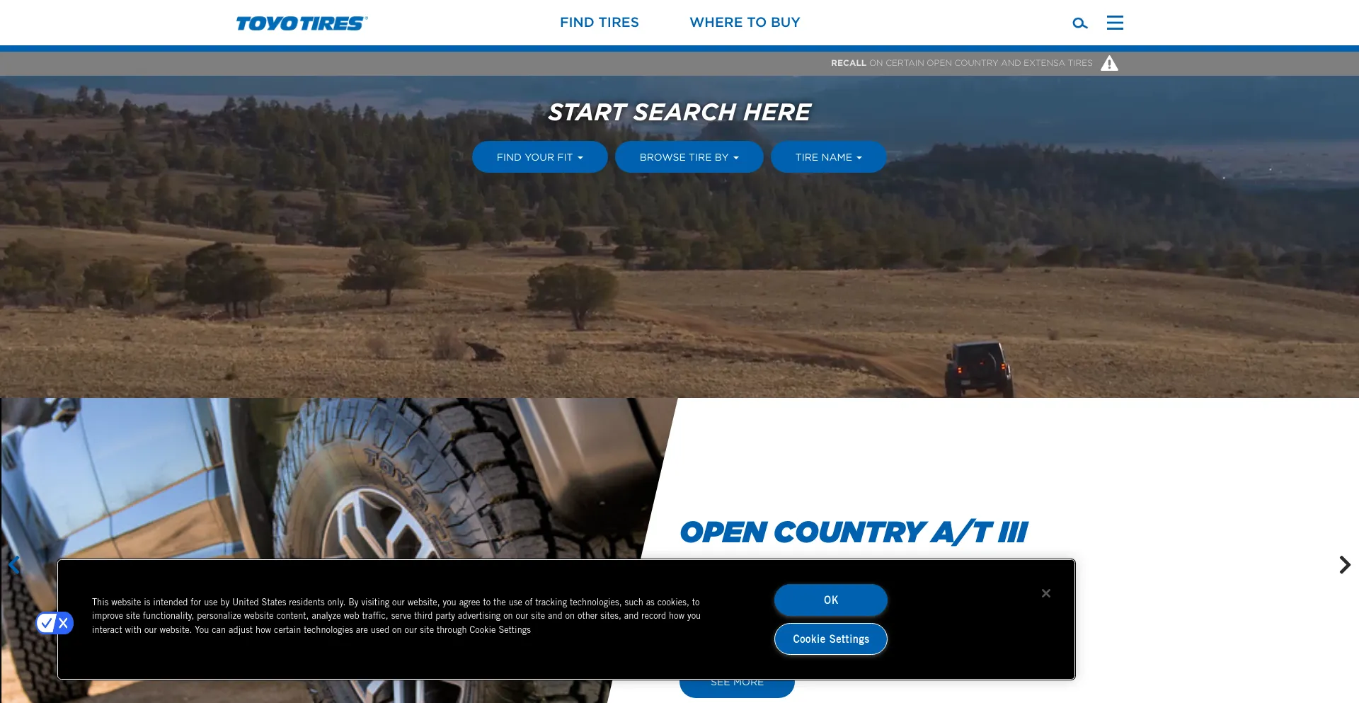 Screenshot of toyotires.com homepage