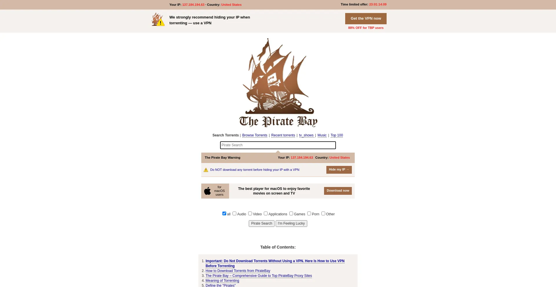 Screenshot of tpbproxypirate.com homepage