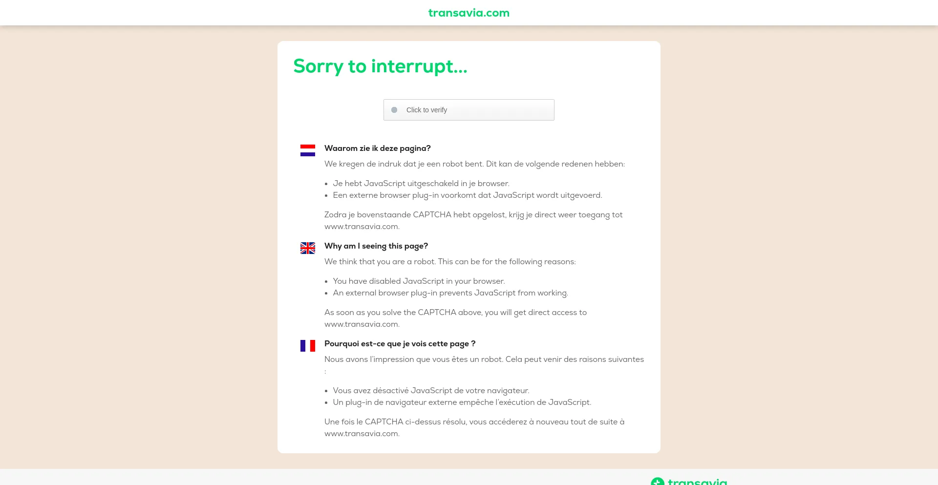 Screenshot of transavia.com homepage