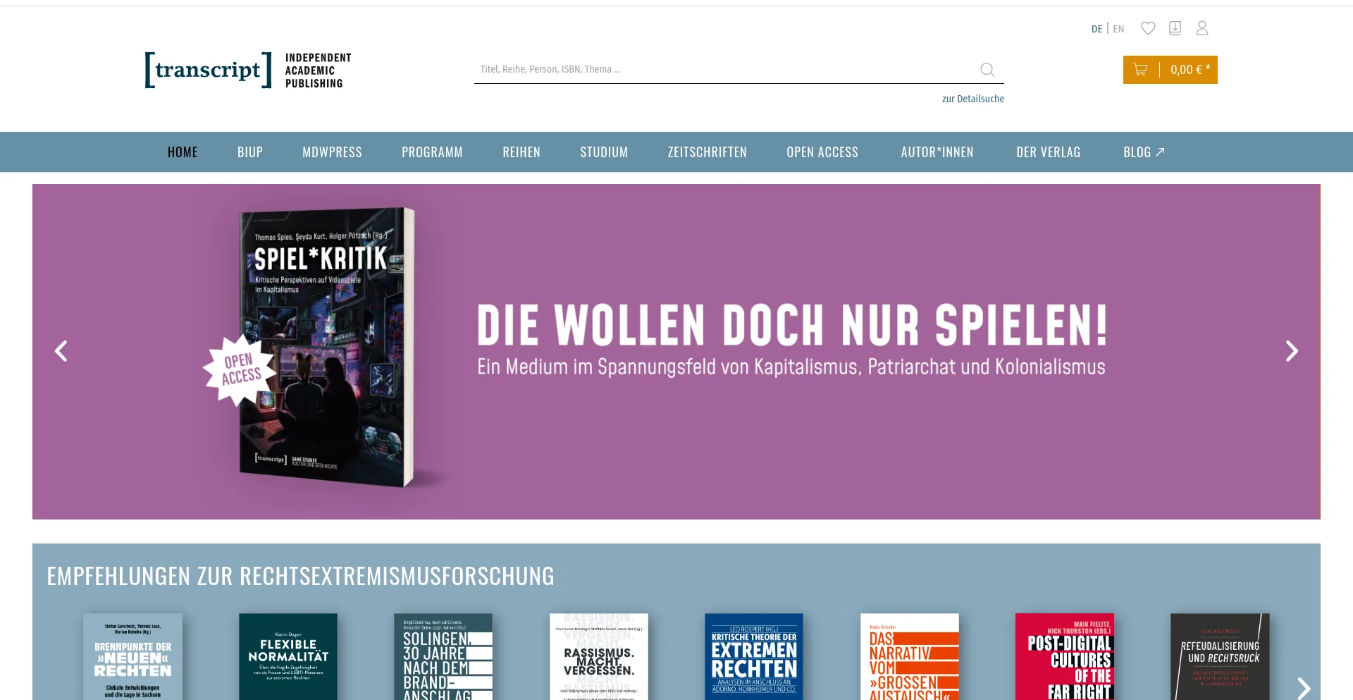 Screenshot of transcript-verlag.de homepage