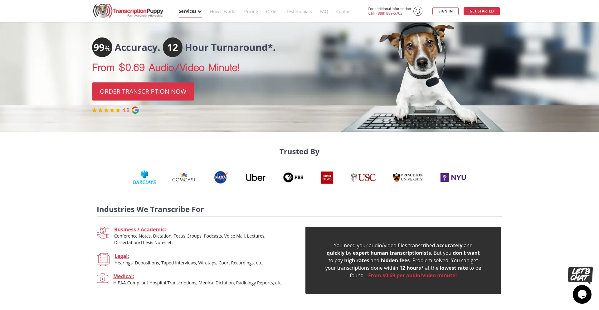 Screenshot of transcriptionpuppy.com homepage