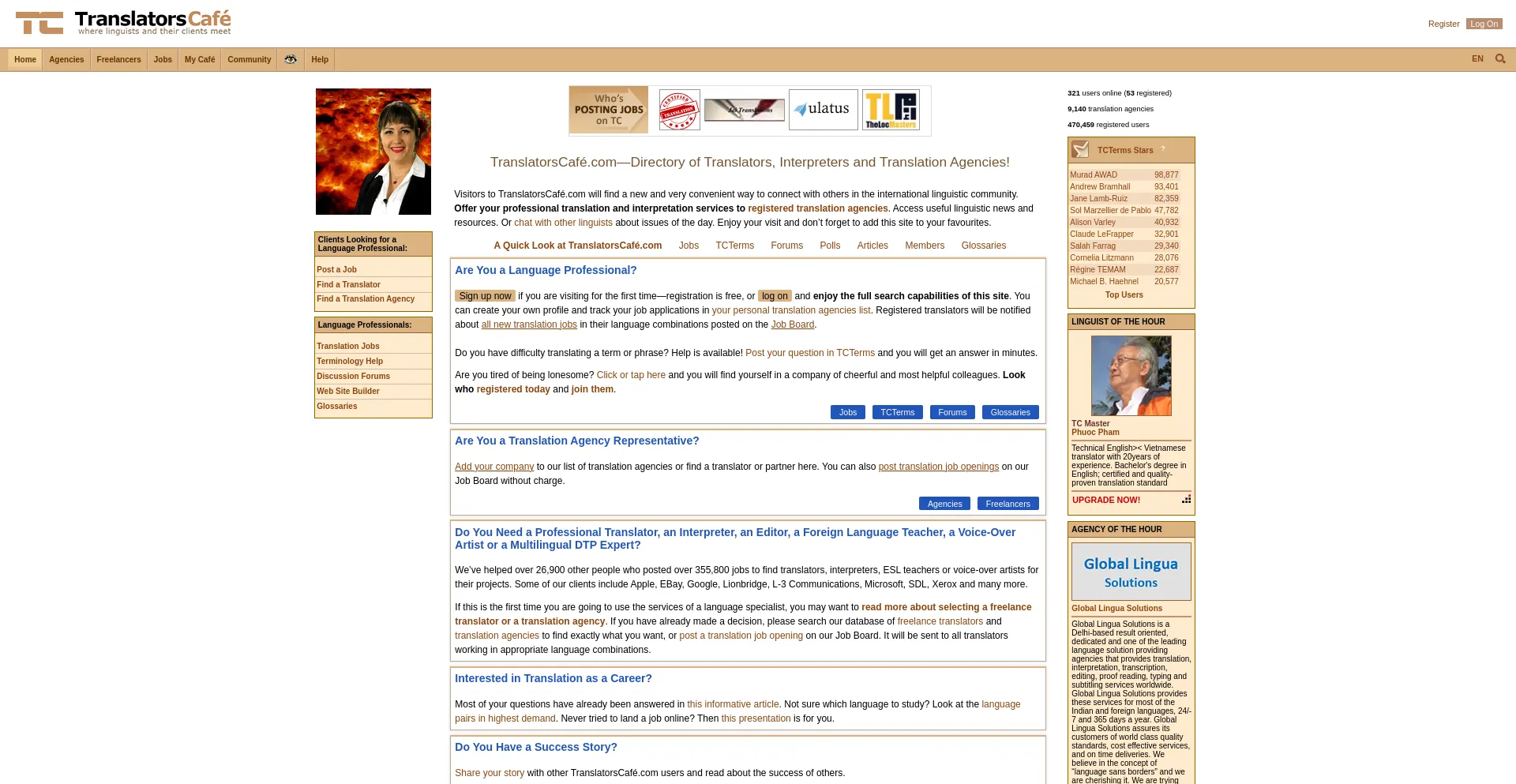 Screenshot of translatorscafe.com homepage