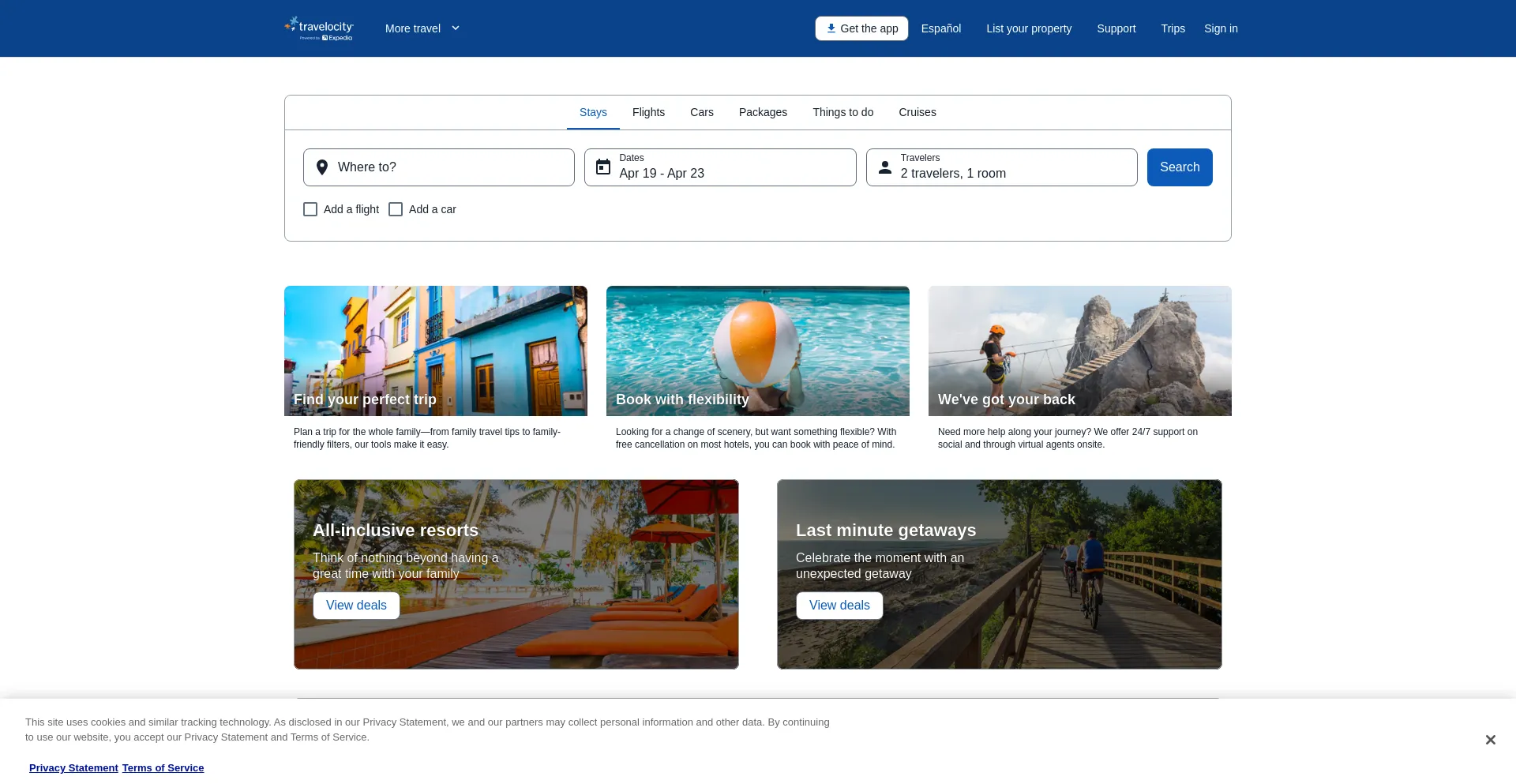 Screenshot of travelocity.com homepage