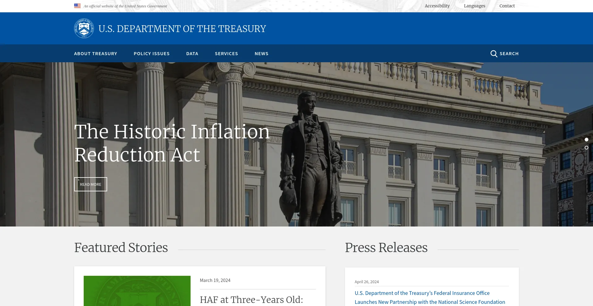 Screenshot of treasury.gov homepage