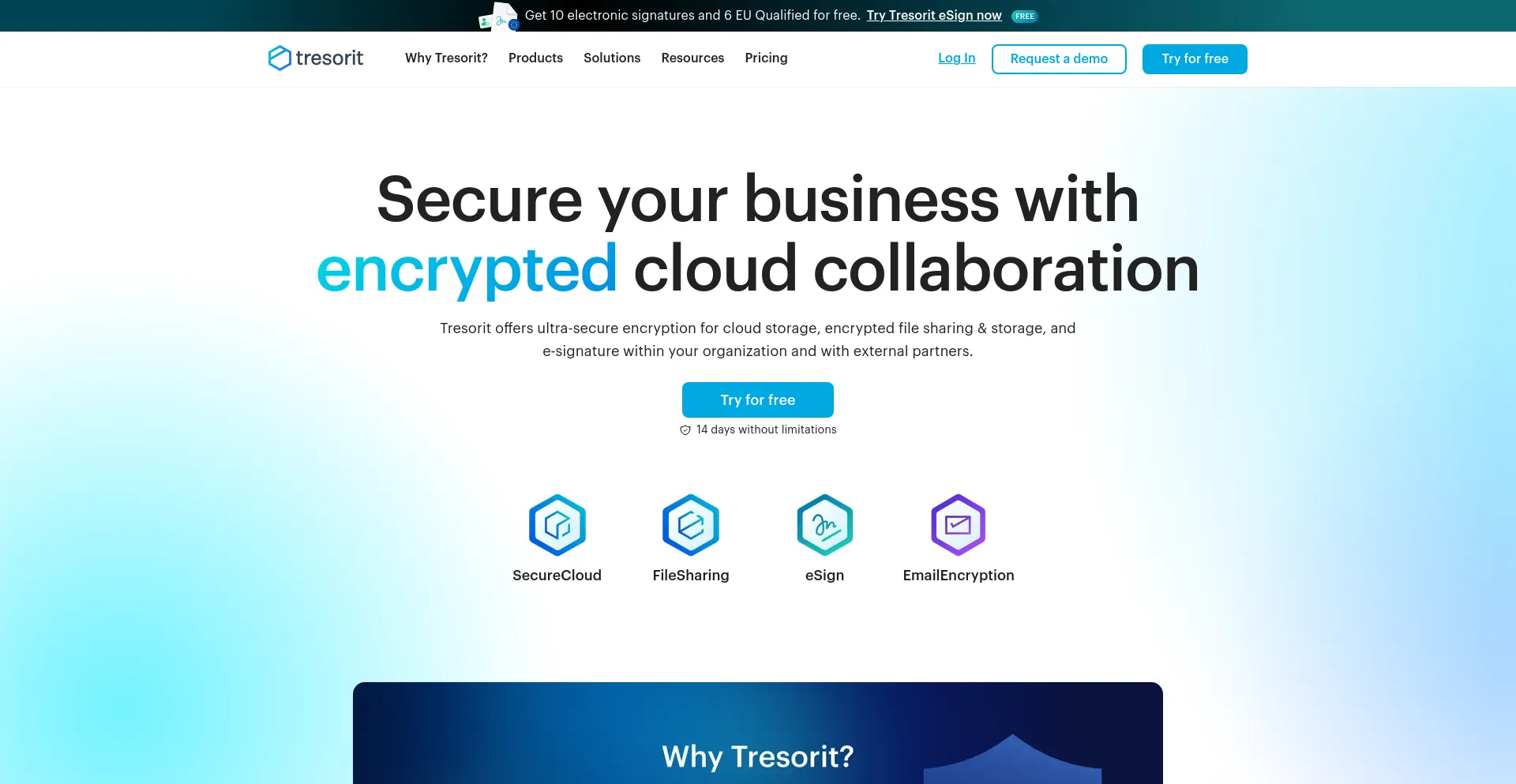 Screenshot of tresorit.com homepage