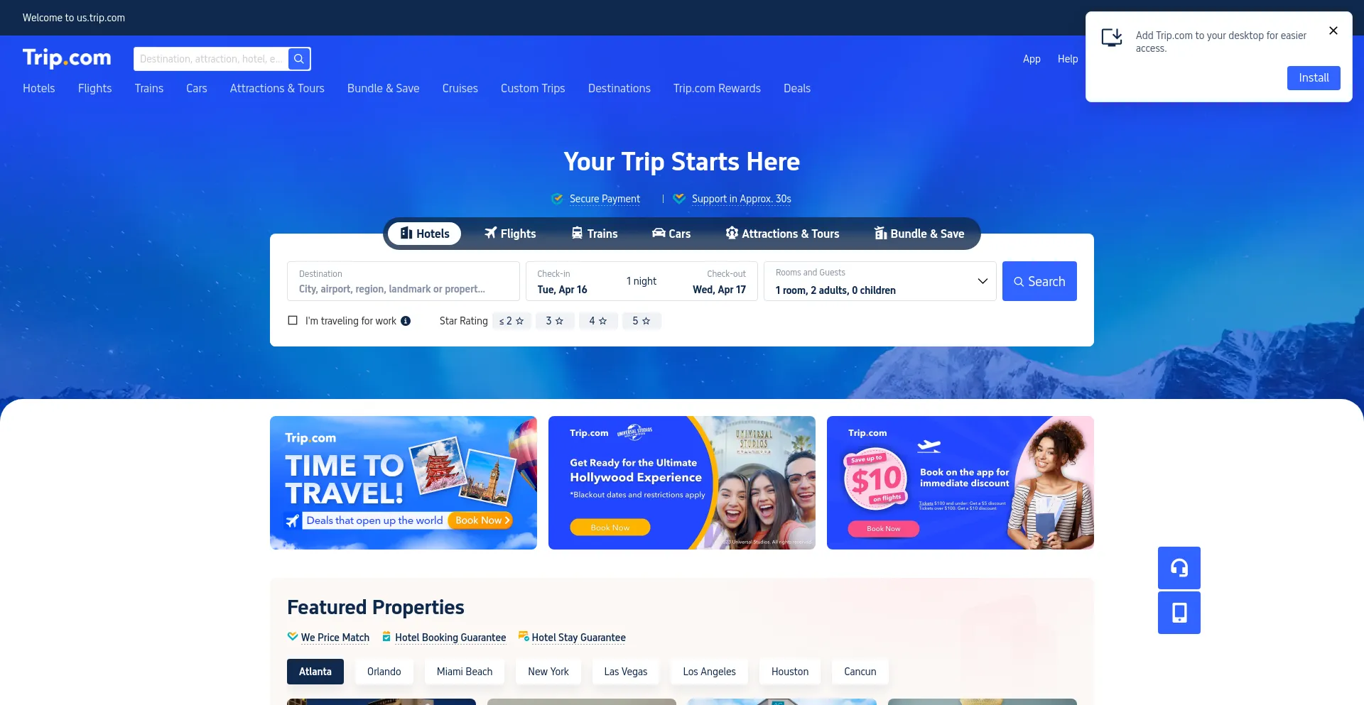 Screenshot of trip.com homepage