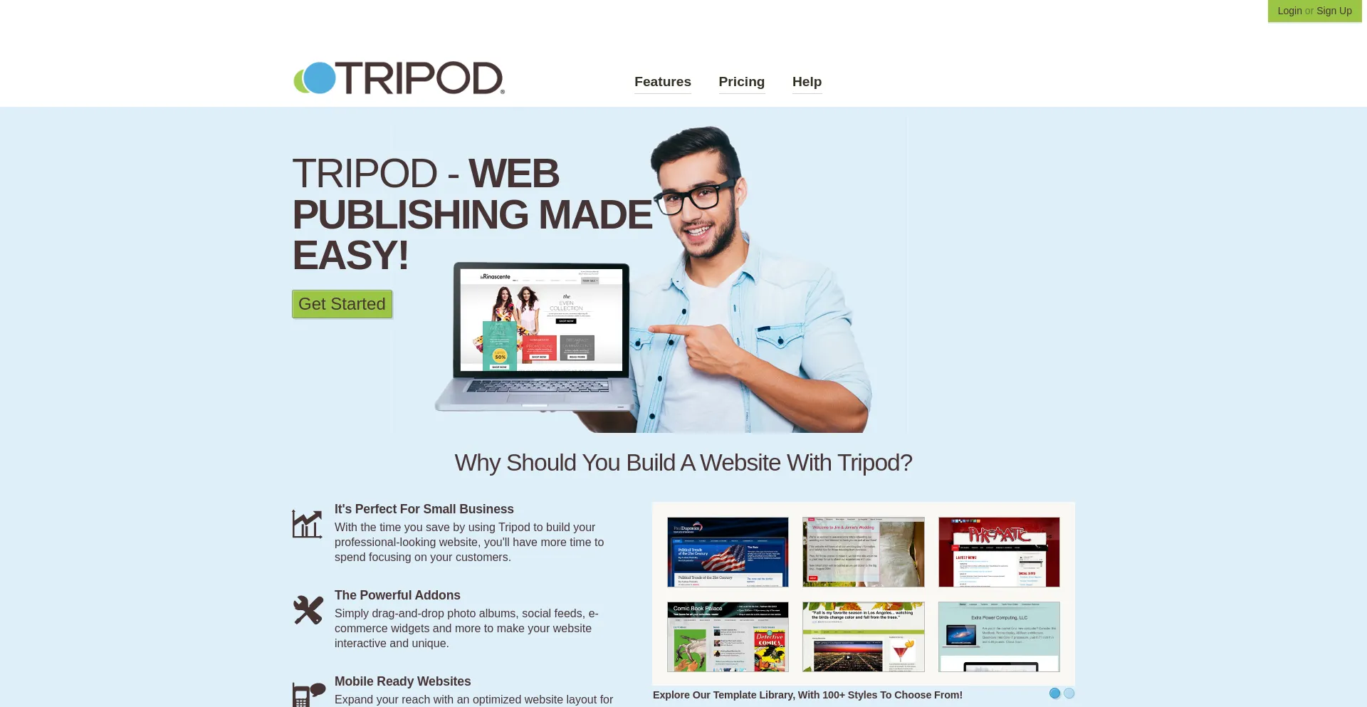 Screenshot of tripod.com homepage