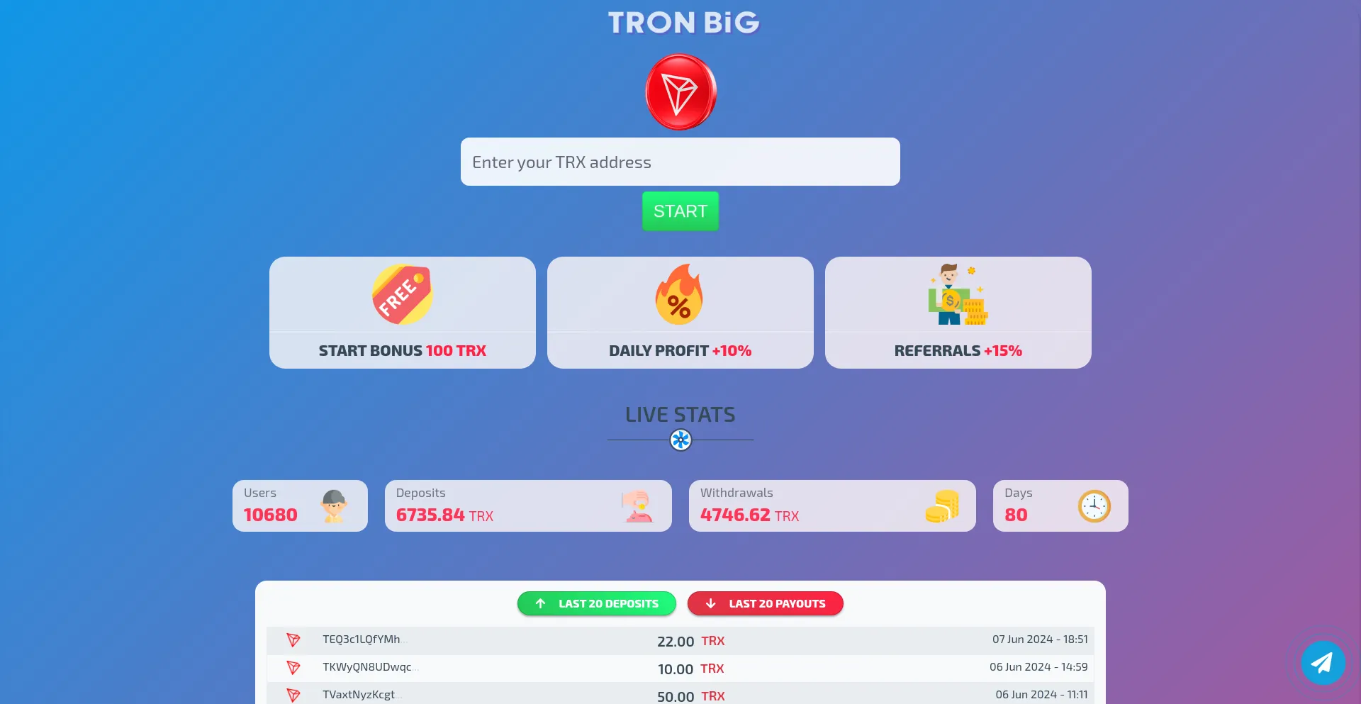 Screenshot of tronbig.pro homepage