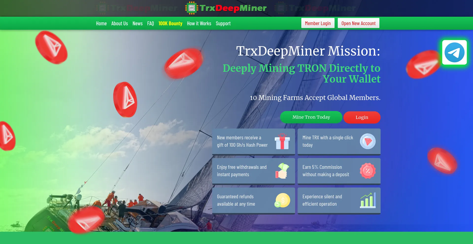 Screenshot of trxdeepminer.com homepage