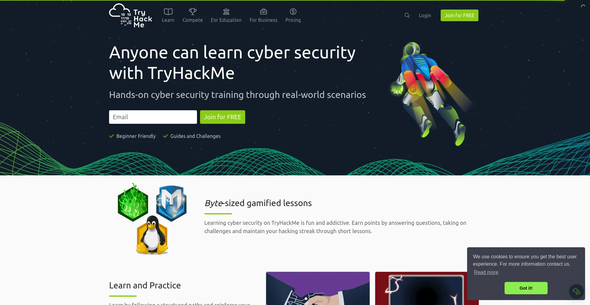 Screenshot of tryhackme.com homepage