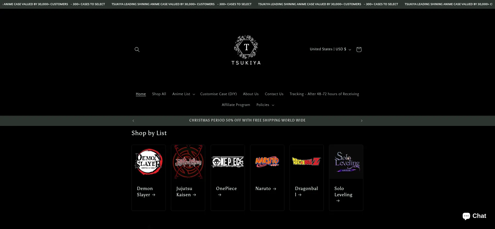 Screenshot of tsukiyashop.com homepage