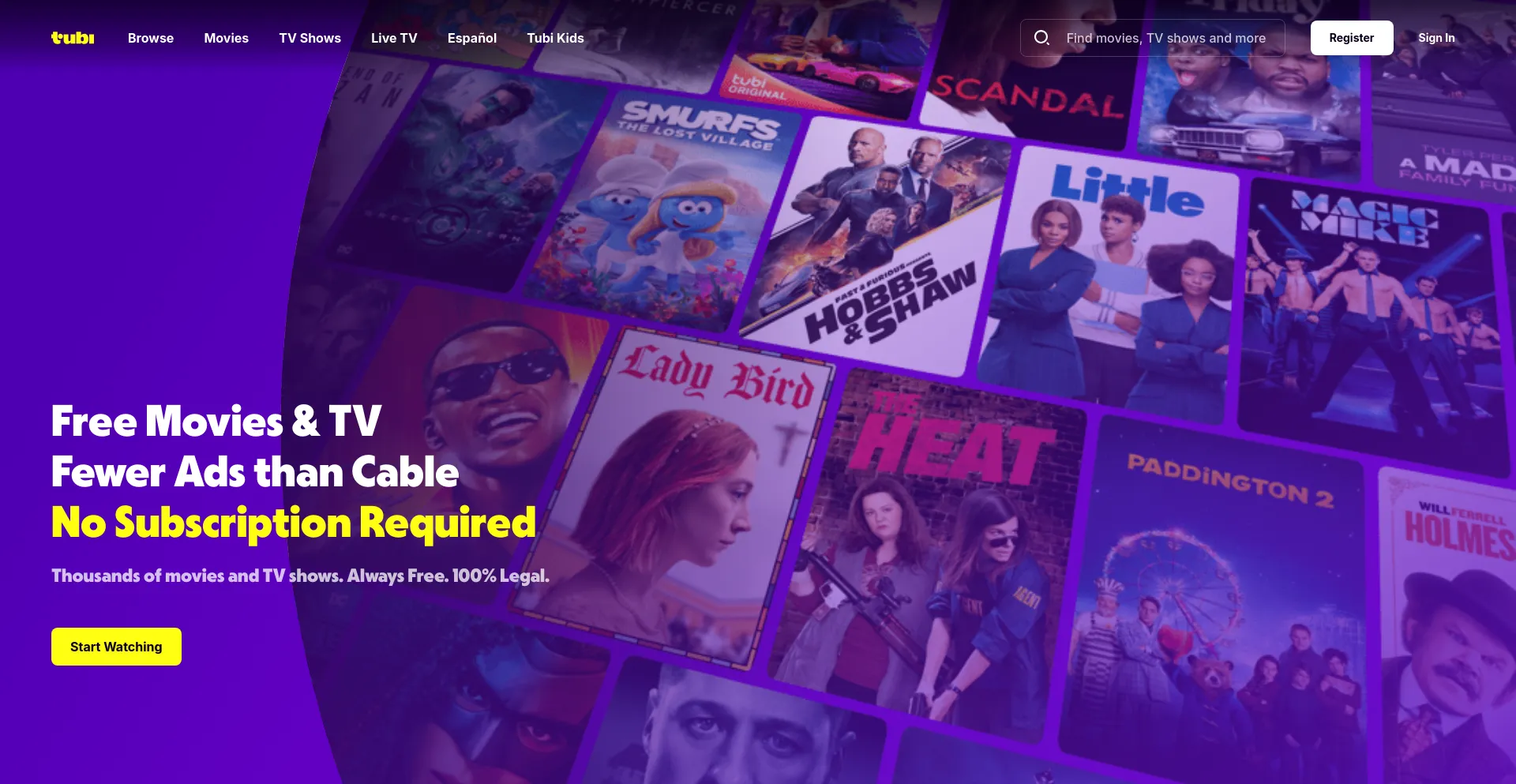 Screenshot of tubitv.com homepage