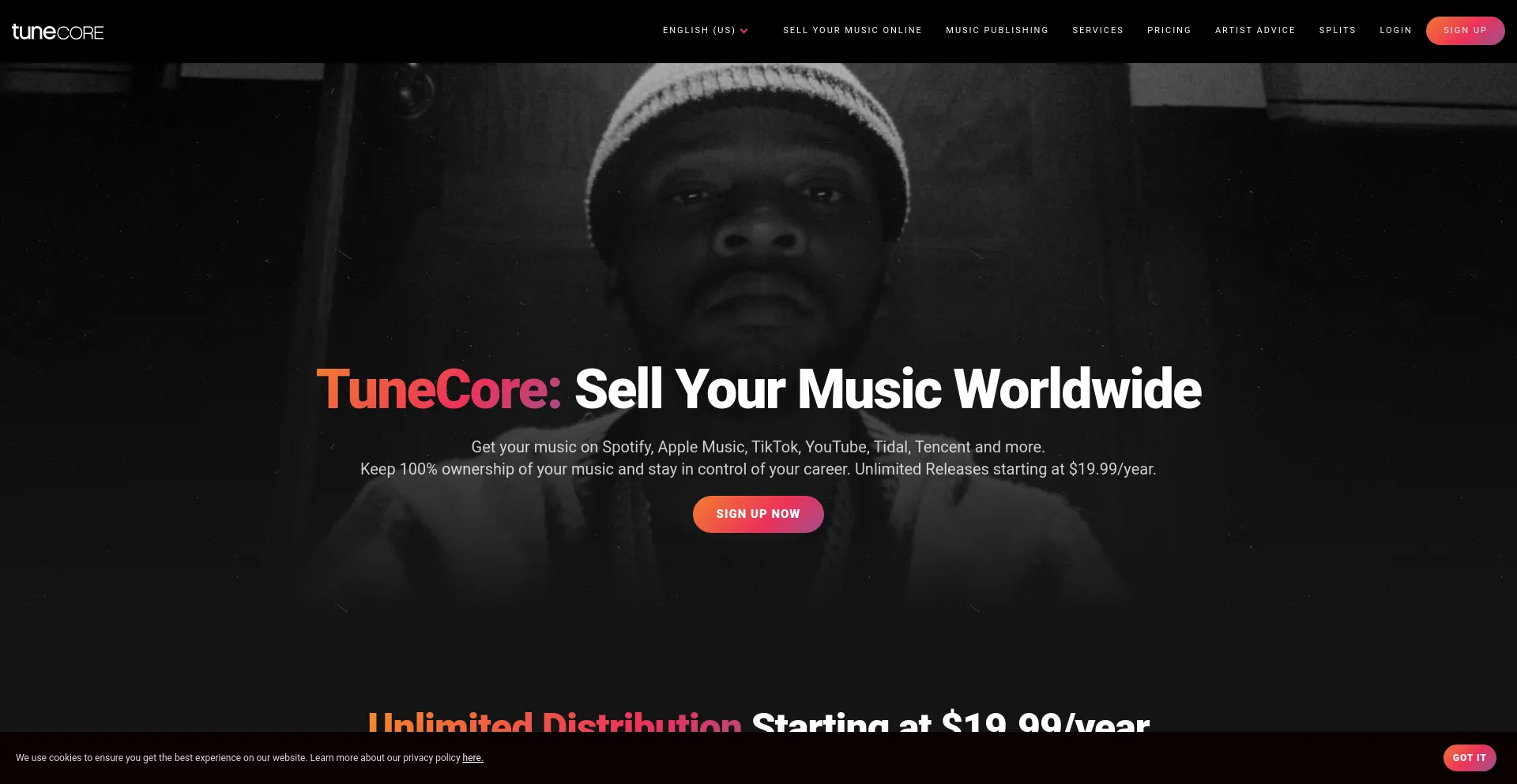 Screenshot of tunecore.com homepage