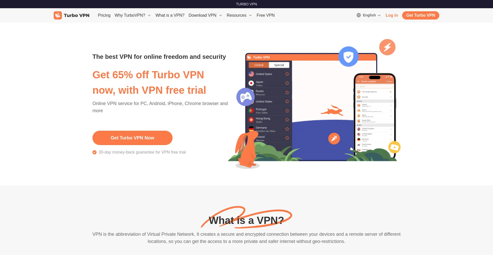 Screenshot of turbovpn.com homepage