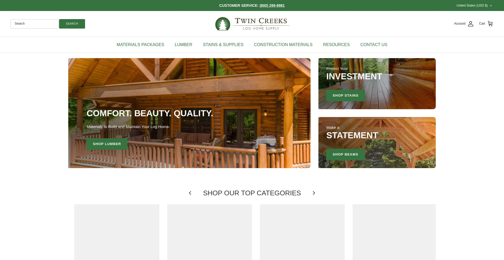 Screenshot of twincreeksloghomes.com homepage