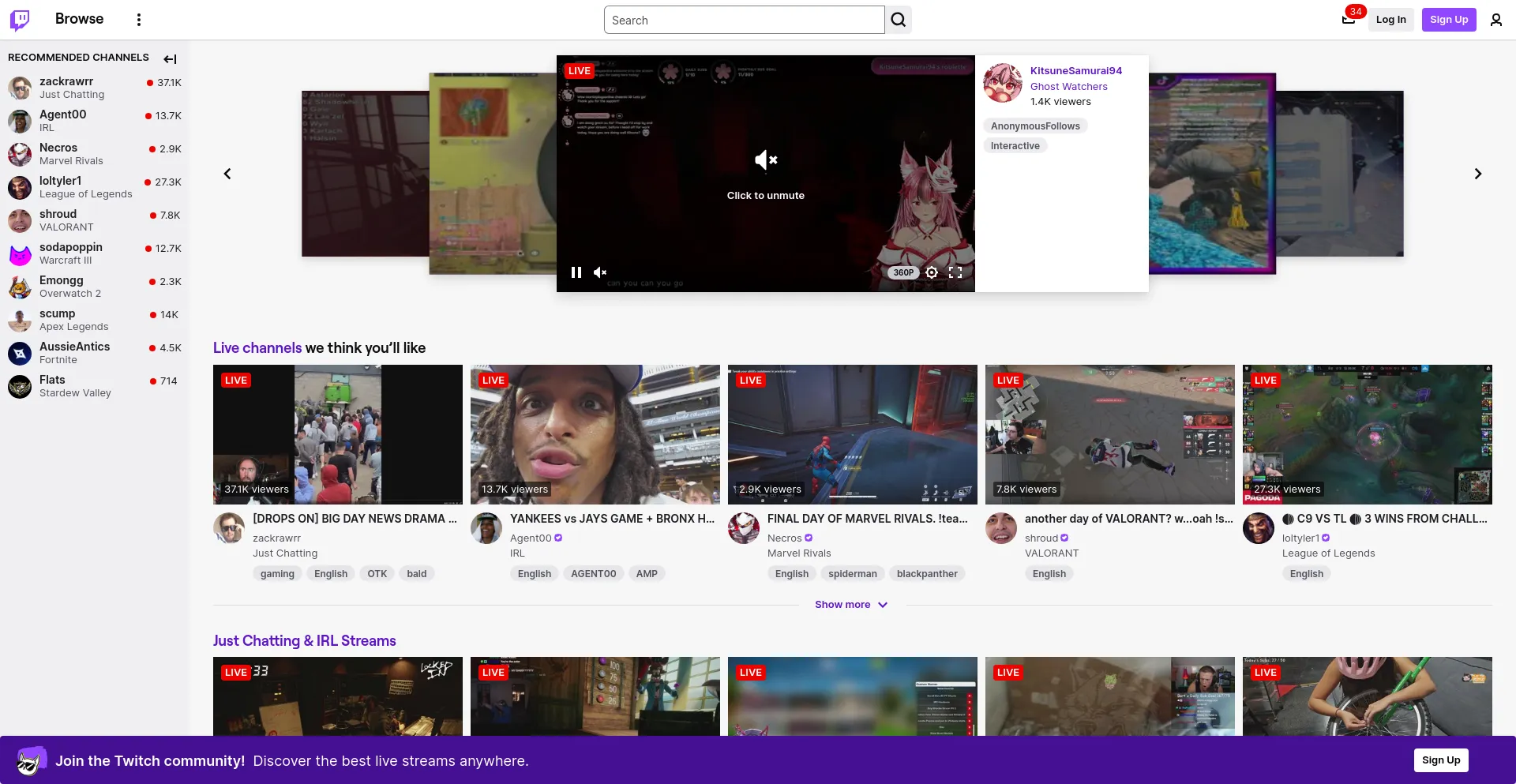 Screenshot of twitch.tv homepage