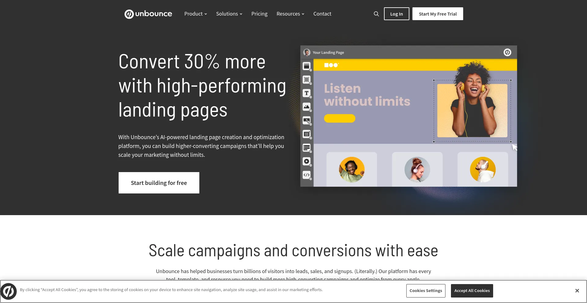 Screenshot of unbounce.com homepage