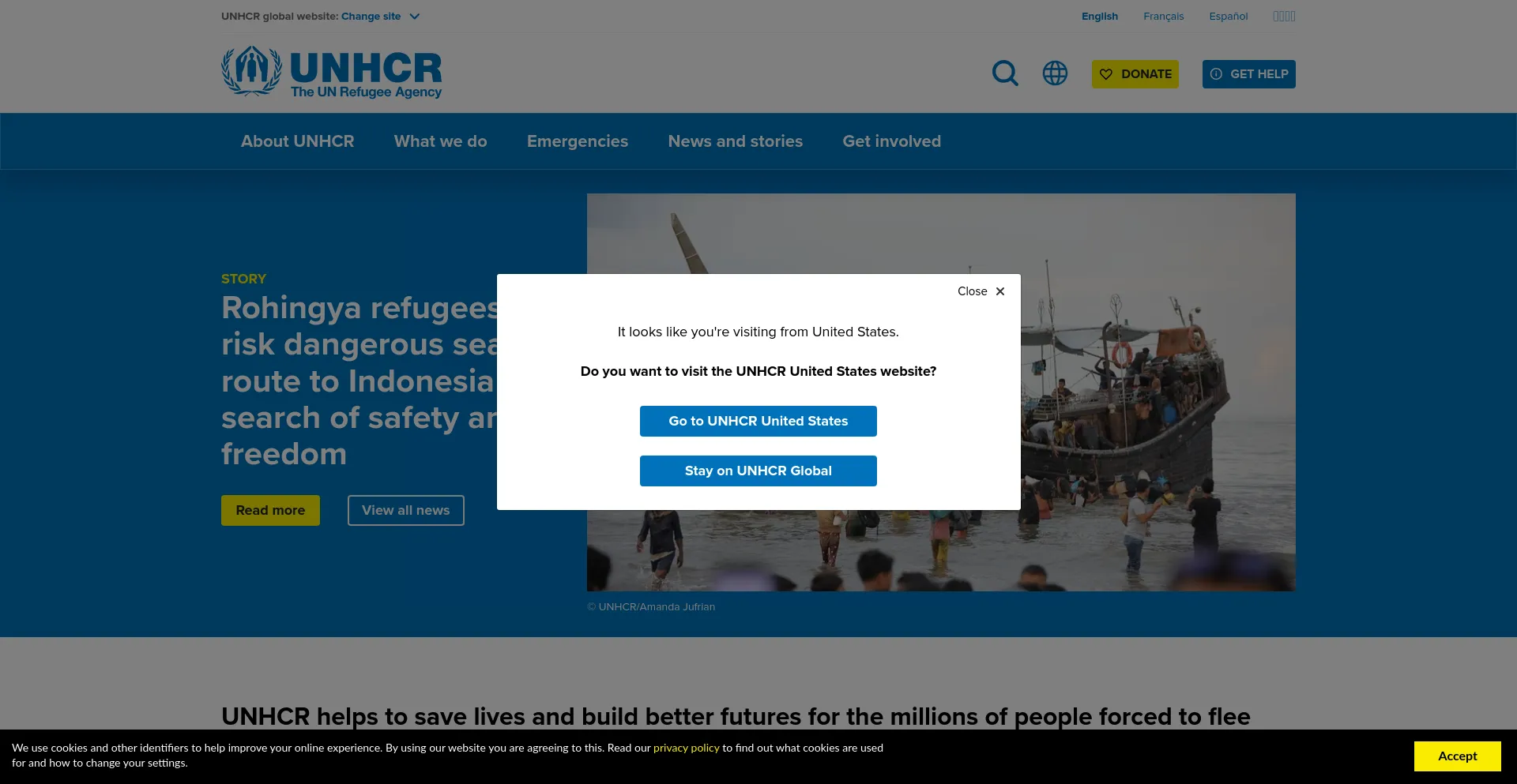 Screenshot of unhcr.org homepage