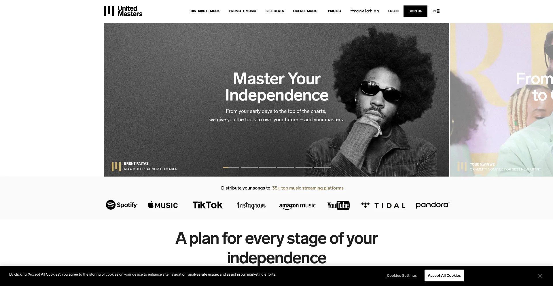 Screenshot of unitedmasters.com homepage