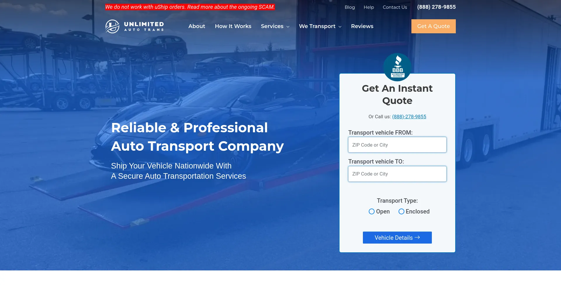 Screenshot of unlimitedautotrans.com homepage