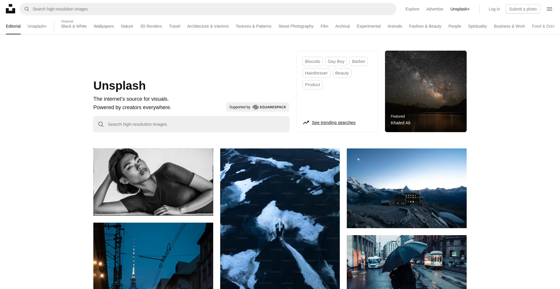 Screenshot of unsplash.com homepage