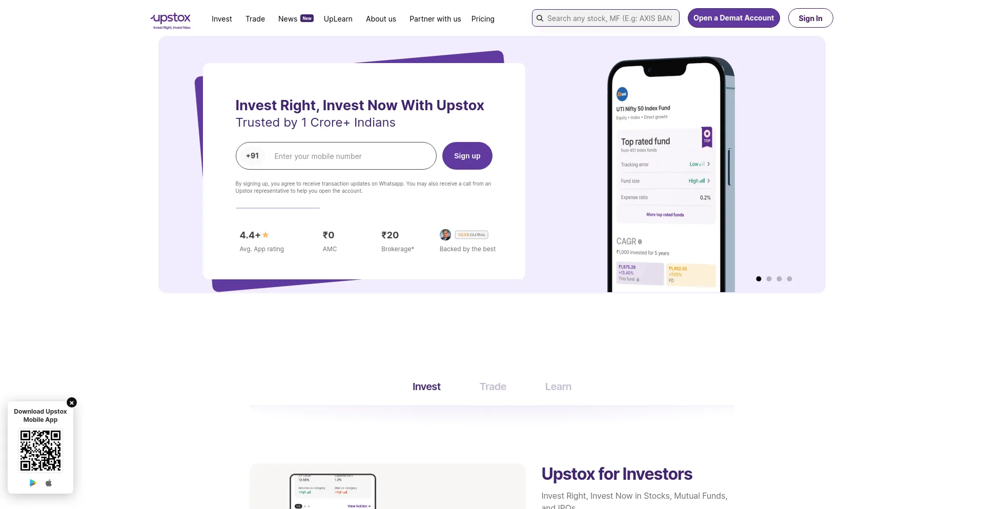 Screenshot of upstox.com homepage