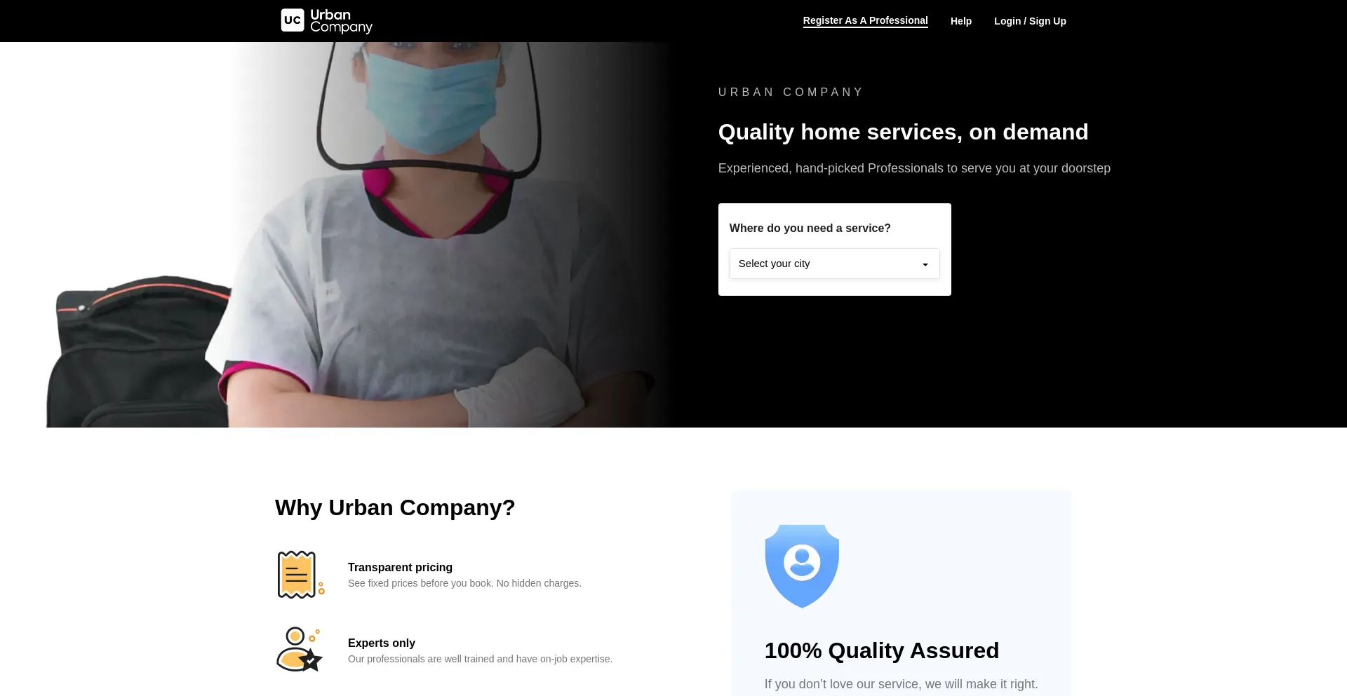 Screenshot of urbancompany.com homepage