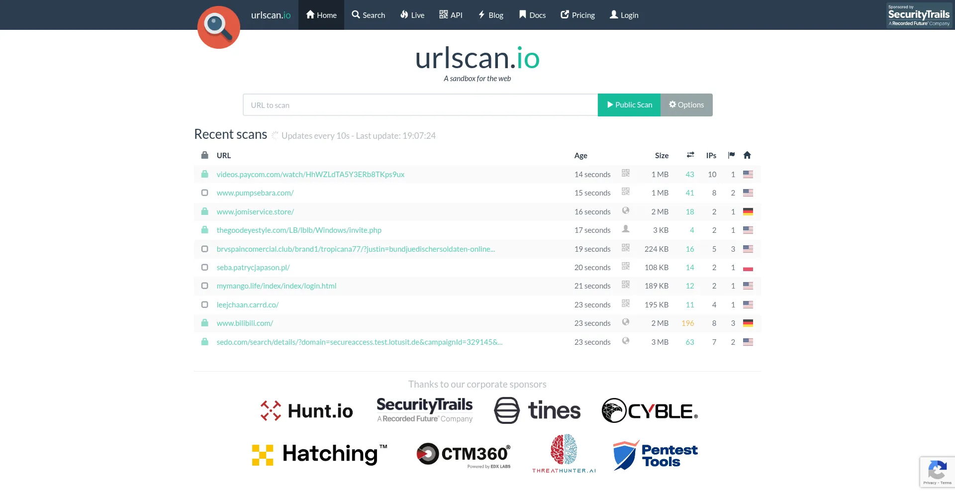 Screenshot of urlscan.io homepage