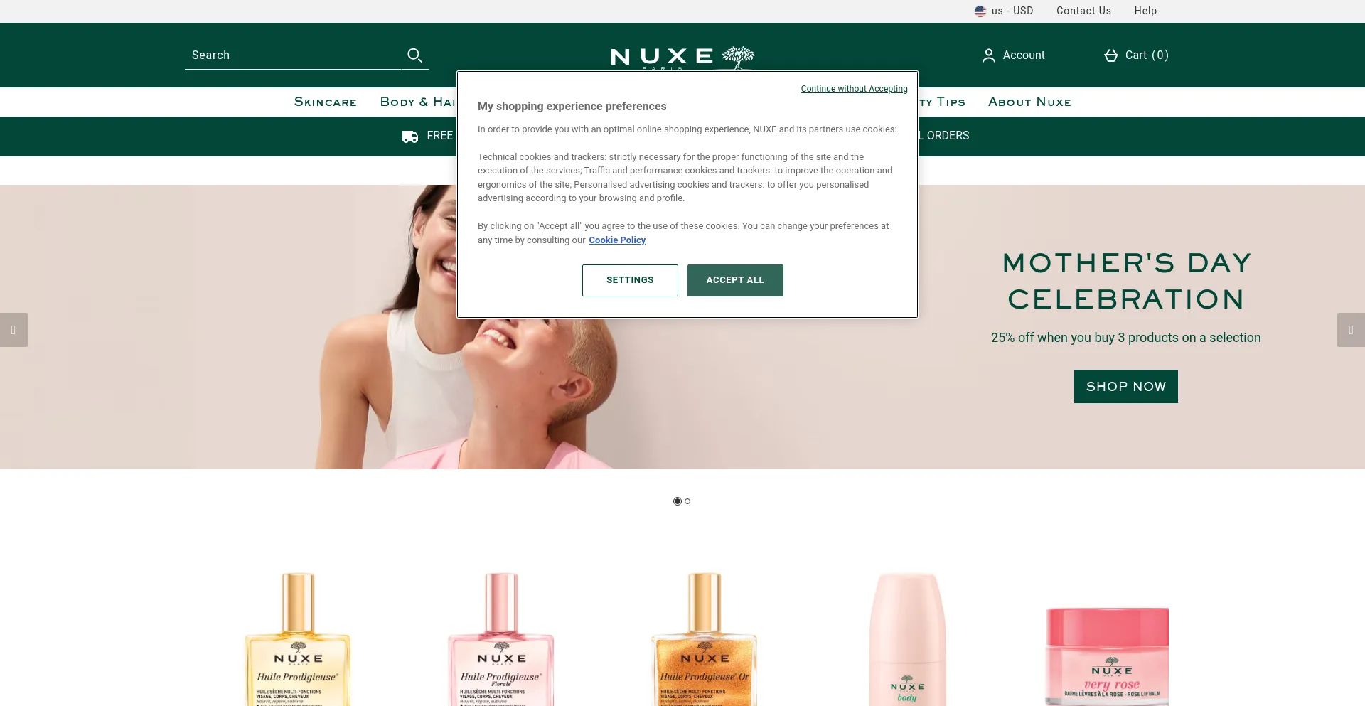 Screenshot of us.nuxe.com homepage