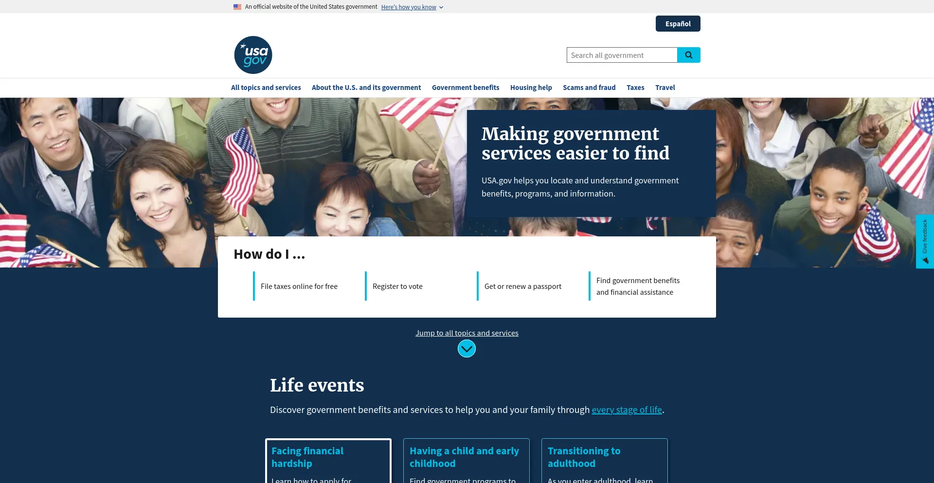 Screenshot of usa.gov homepage