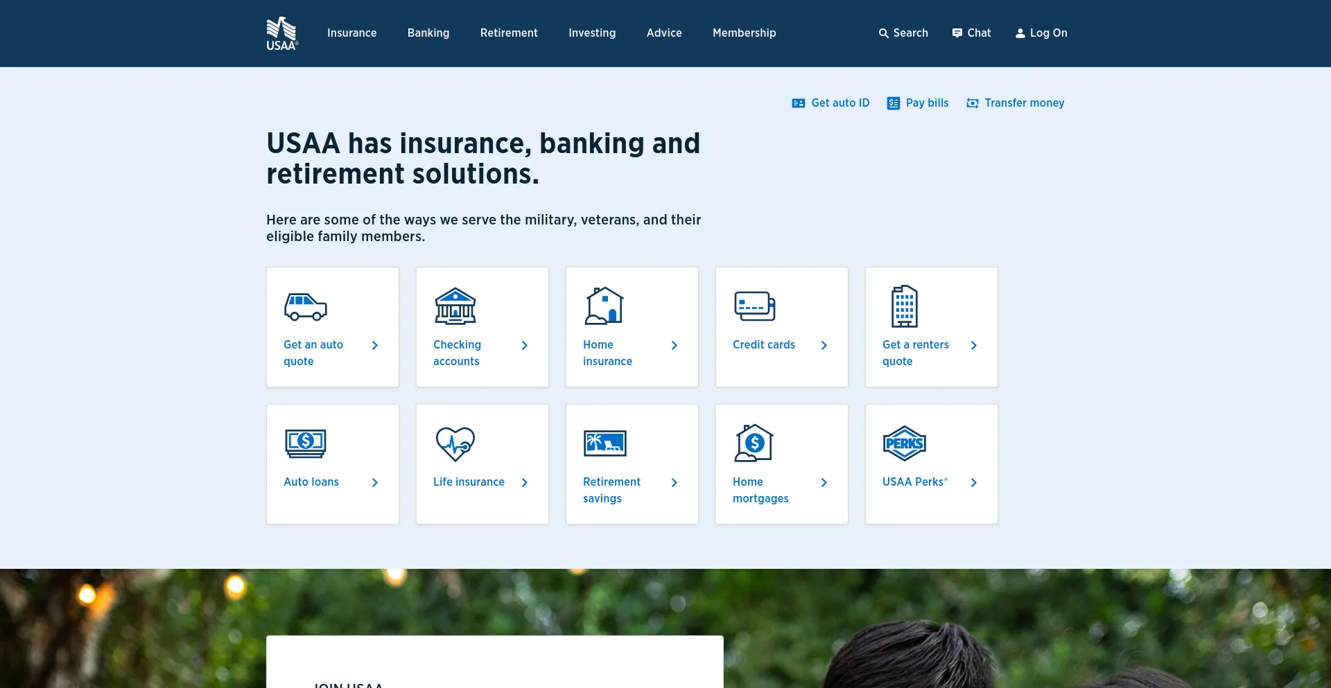 Screenshot of usaa.com homepage