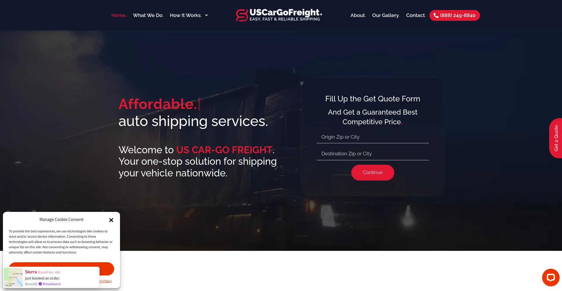 Screenshot of uscargofreight.com homepage