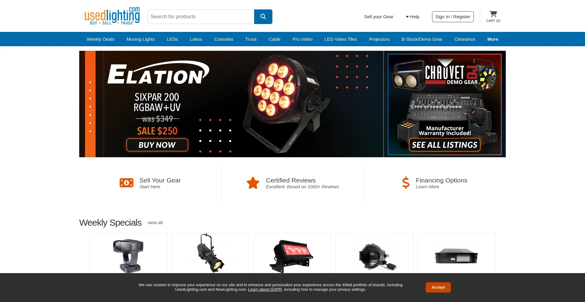 Screenshot of usedlighting.com homepage