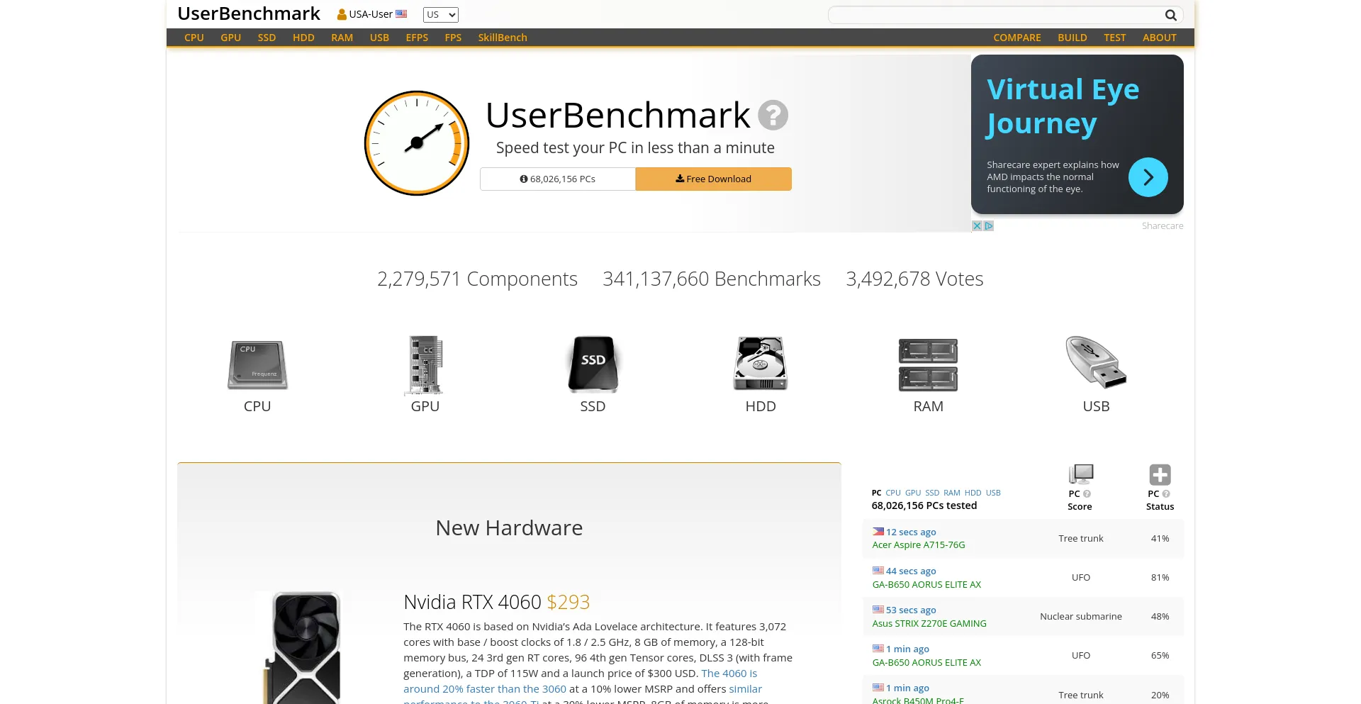 Screenshot of userbenchmark.com homepage