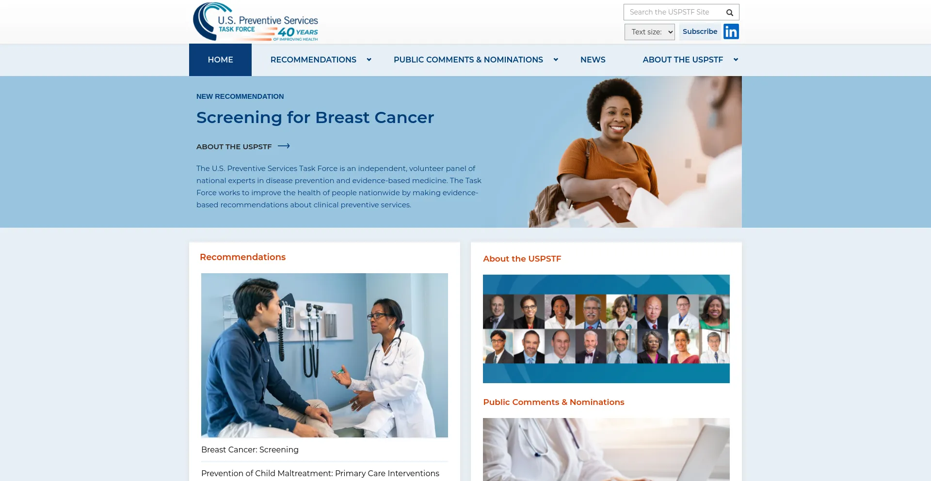 Screenshot of uspreventiveservicestaskforce.org homepage