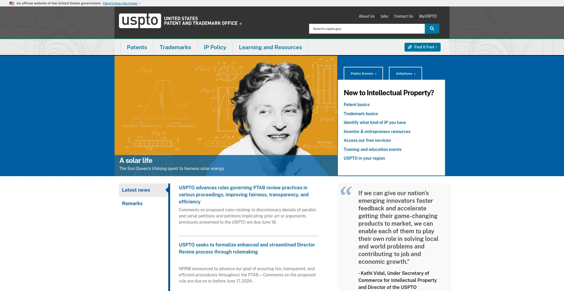 Screenshot of uspto.gov homepage