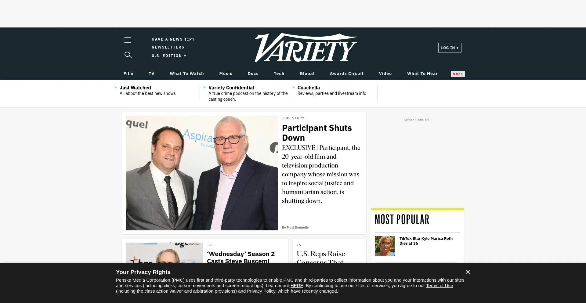 Screenshot of variety.com homepage