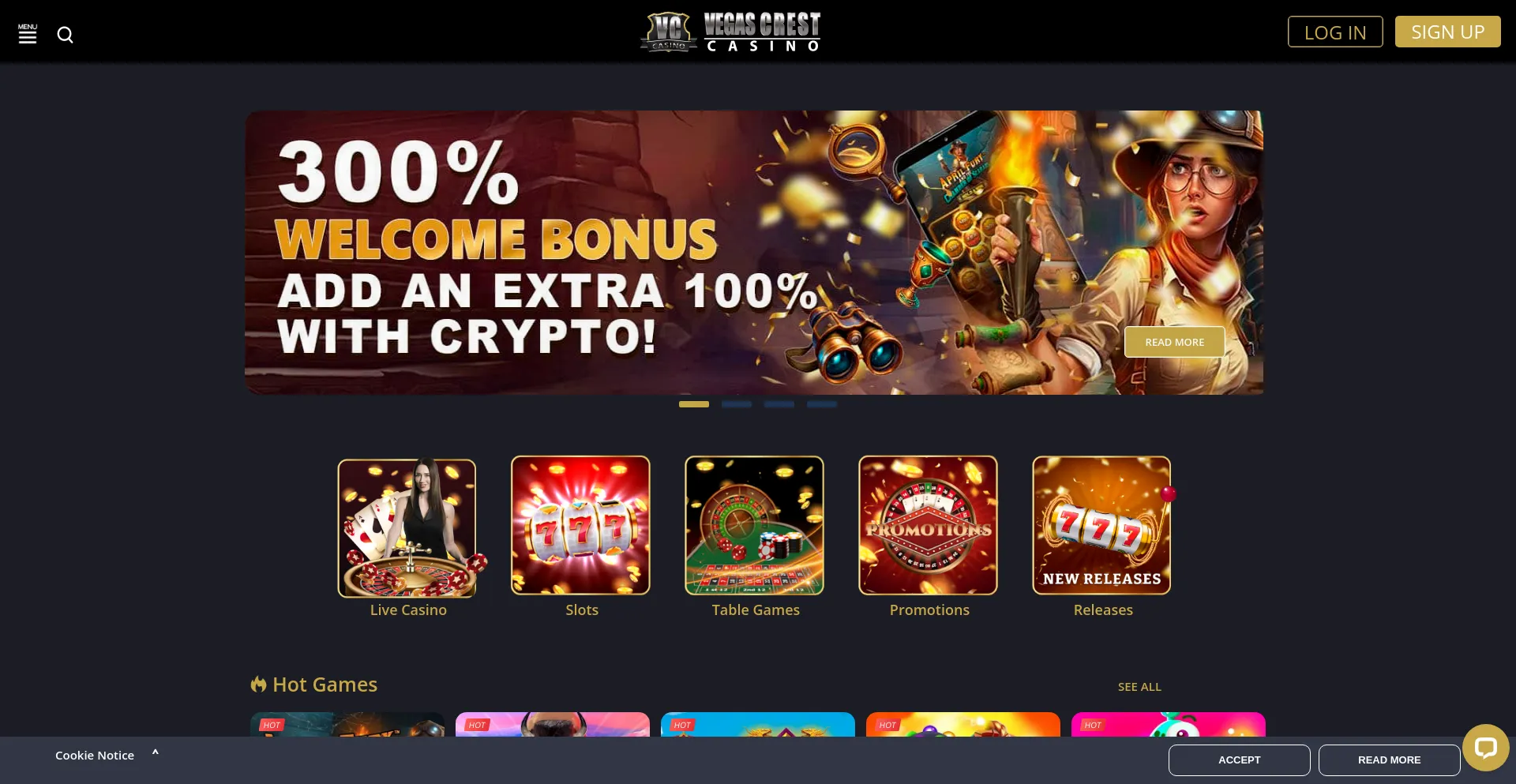 Screenshot of vegascrestcasino.ag homepage