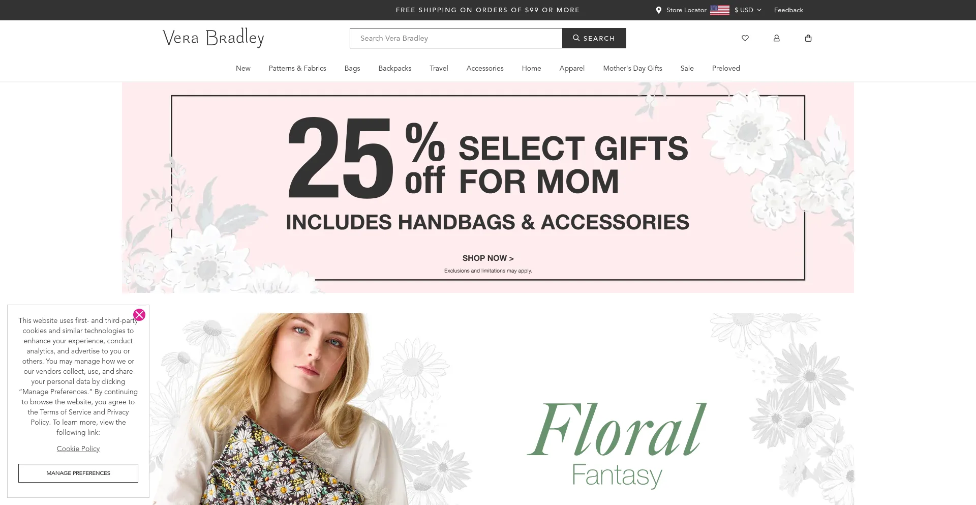 Screenshot of verabradley.com homepage