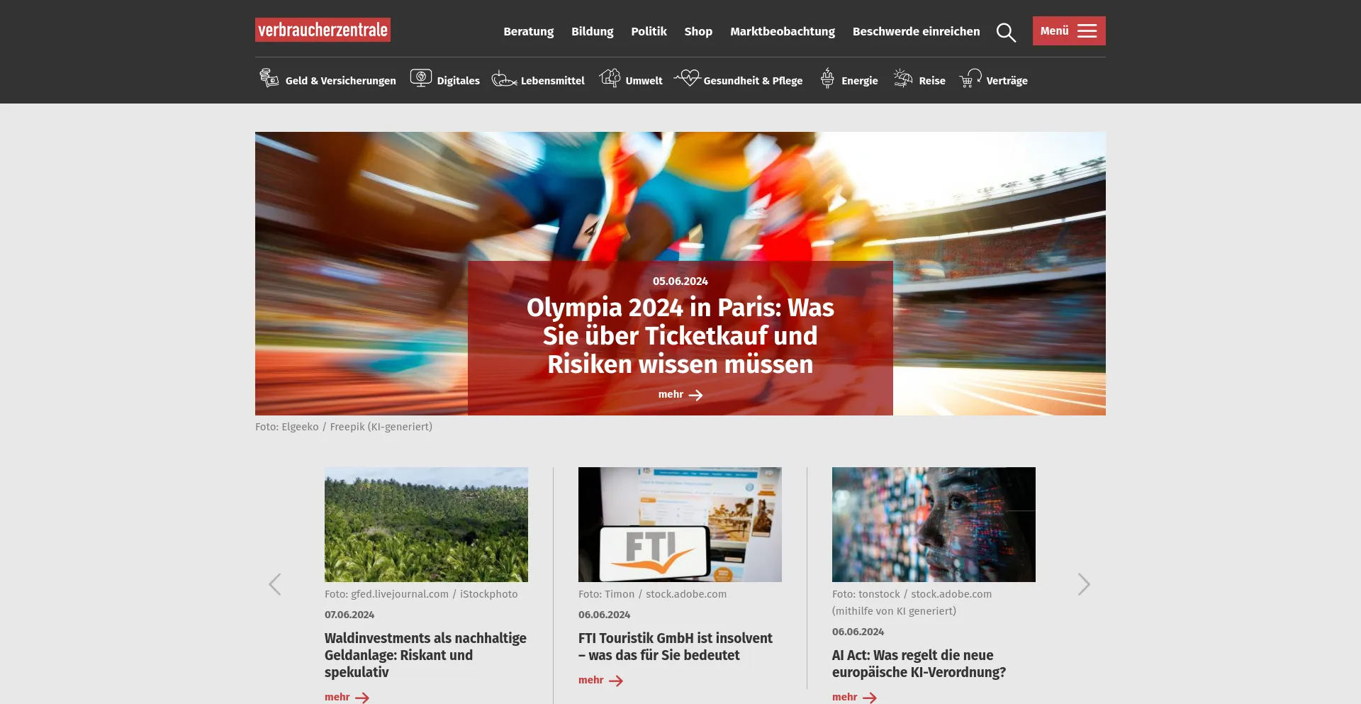 Screenshot of verbraucherzentrale.de homepage