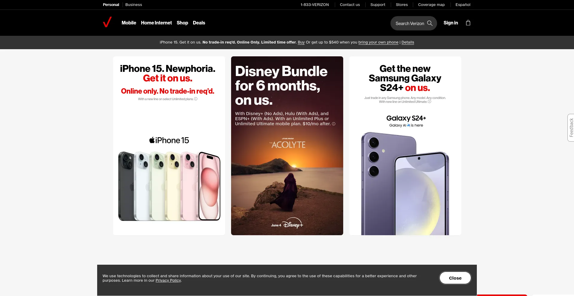 Screenshot of verizon.net homepage